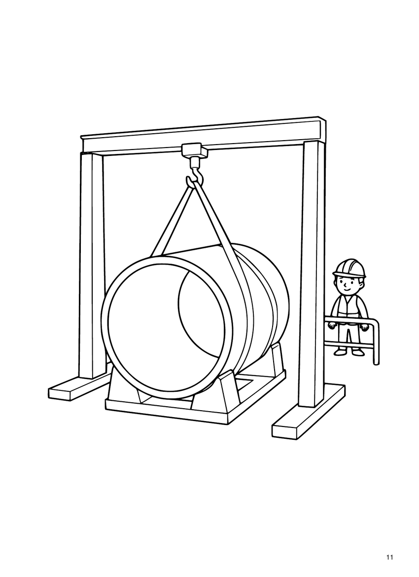 Coloring-page line art: a crane lifts a large machine part while a worker guides it.