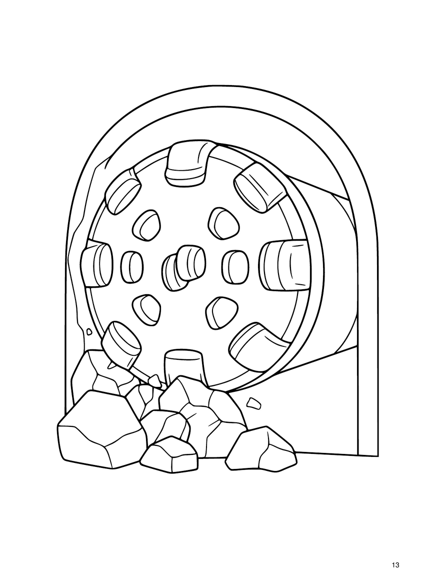 Coloring-page line art: the cutter head breaks through, with loose rocks tumbling out of the tunnel.