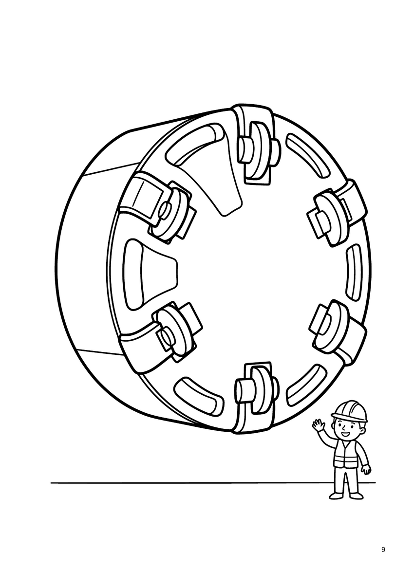 Coloring-page line art: a huge round cutter wheel with a small worker waving beside it.