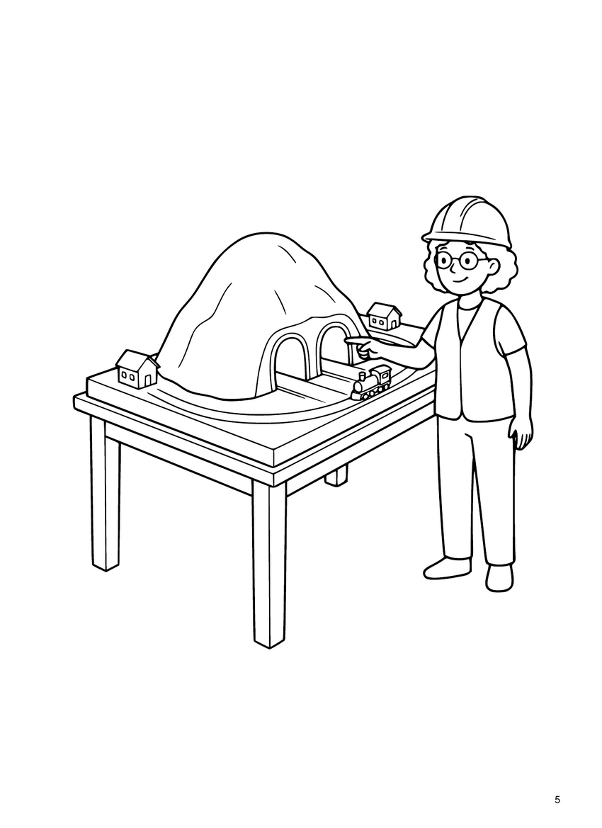 Coloring-page line art: a worker studies a small model of a mountain on a table.