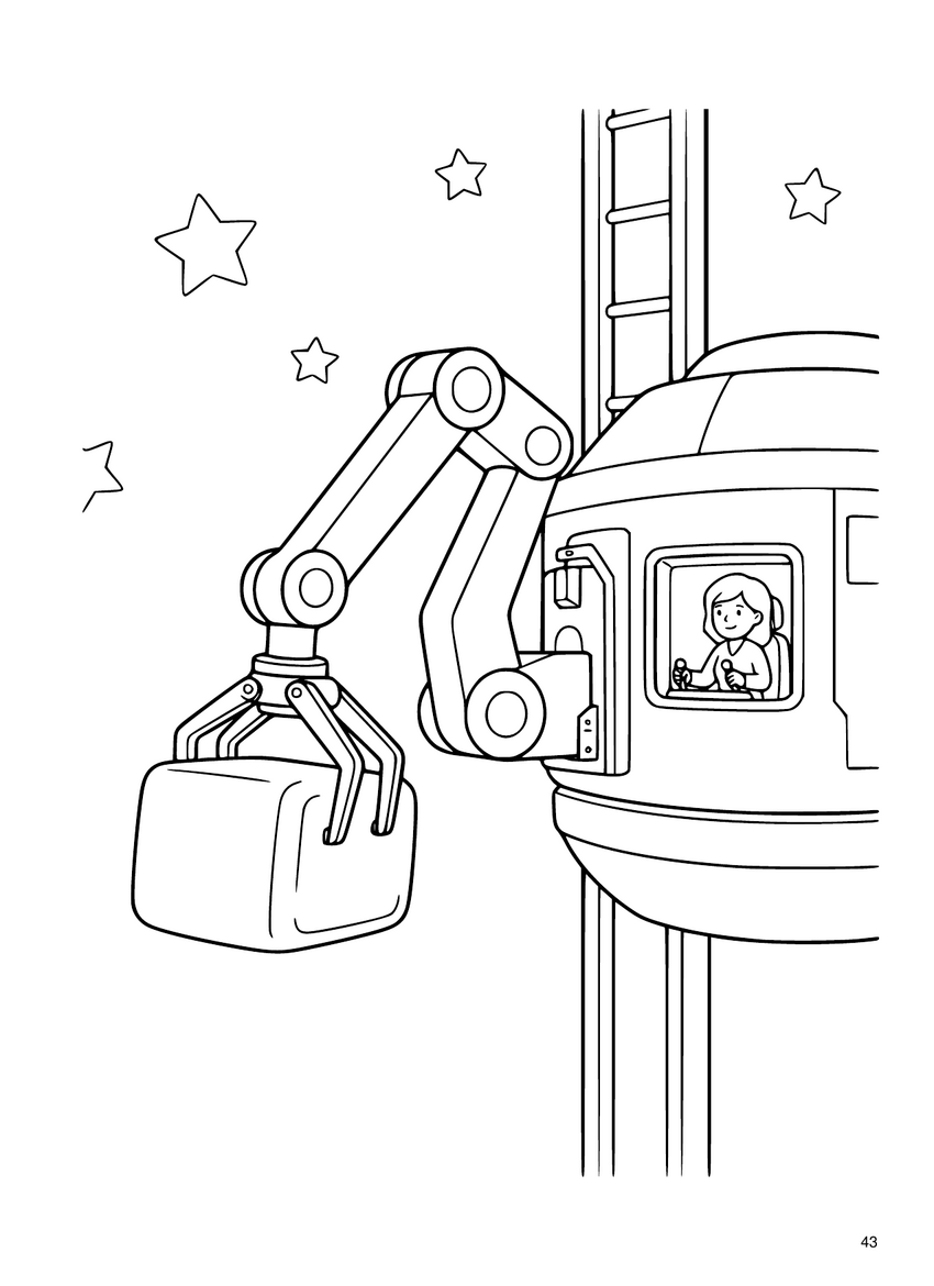 Coloring-page line art: a large robot arm lifts a cargo container beside an orbital station window where an operator looks out.