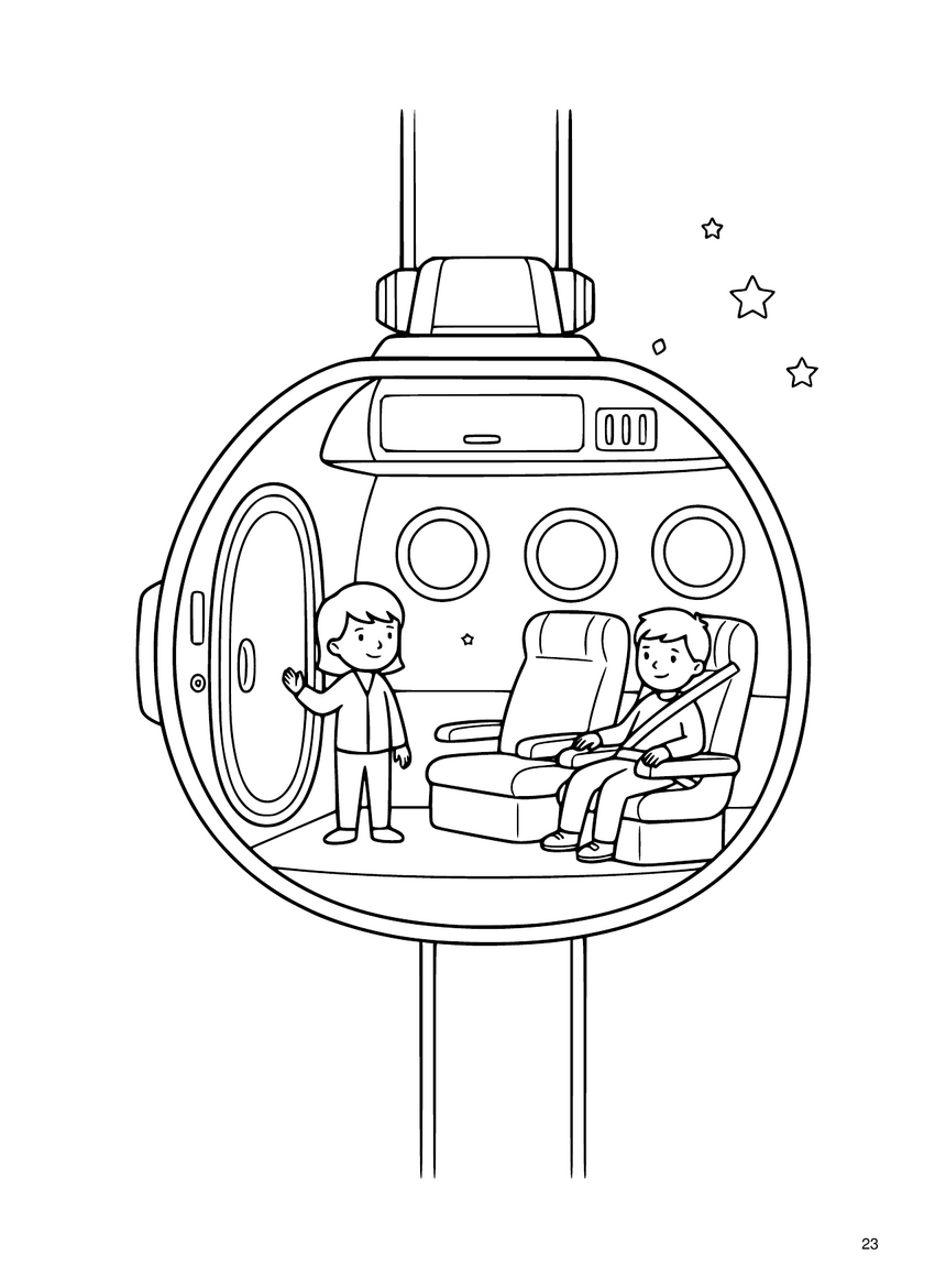 Coloring-page line art: two children inside a round sealed cabin, one seated with a harness and one waving, with round windows.