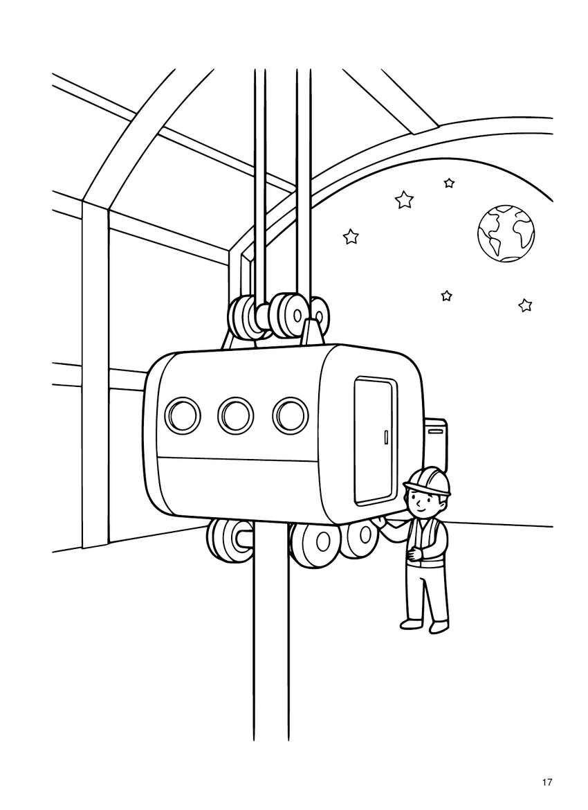 Coloring-page line art: a boxy climbing cabin grips a vertical ribbon, with a worker standing beside it and Earth in the distance.