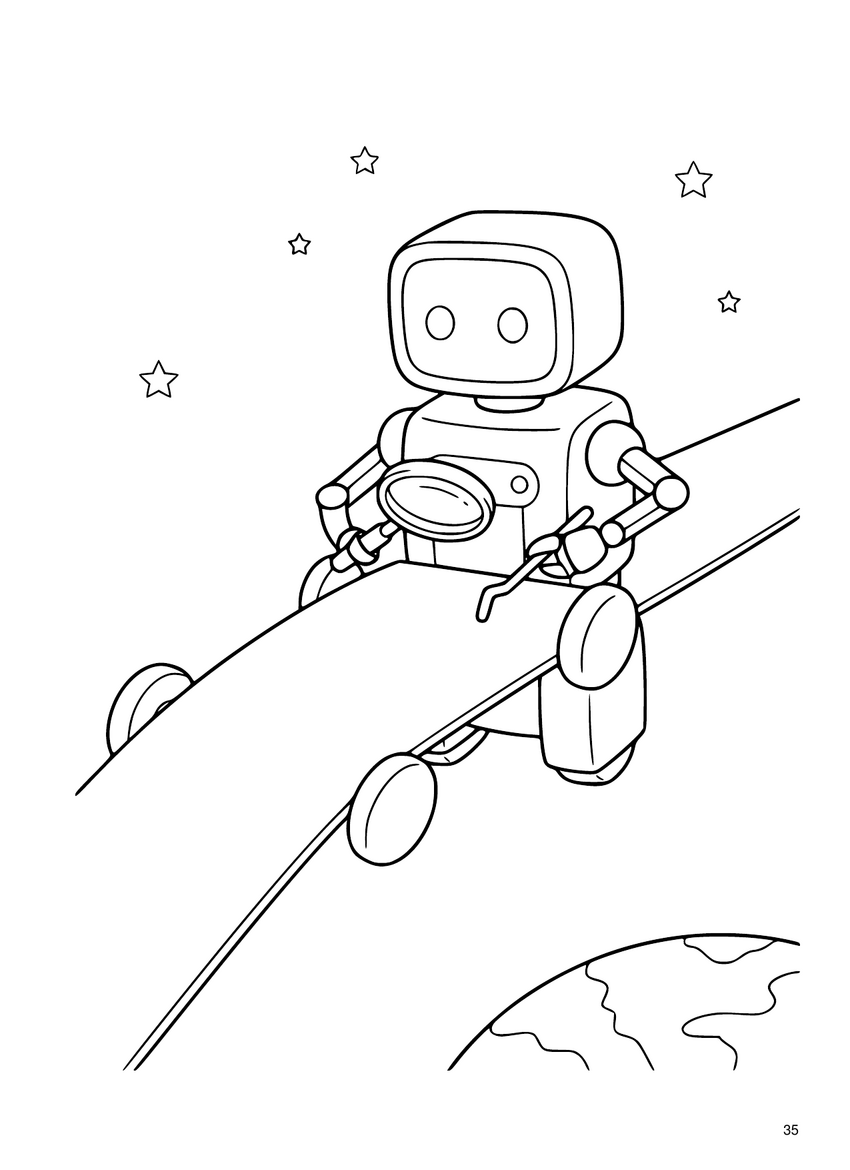 Coloring-page line art: a friendly wheeled robot inspects the ribbon among the stars, with Earth curving below.